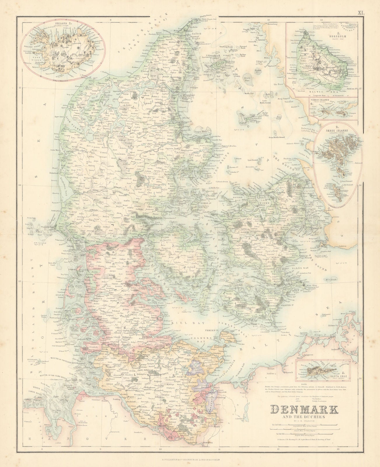 Denmark with Schleswig & Holstein. US Virgin Islands St Croix Iceland c1863 map